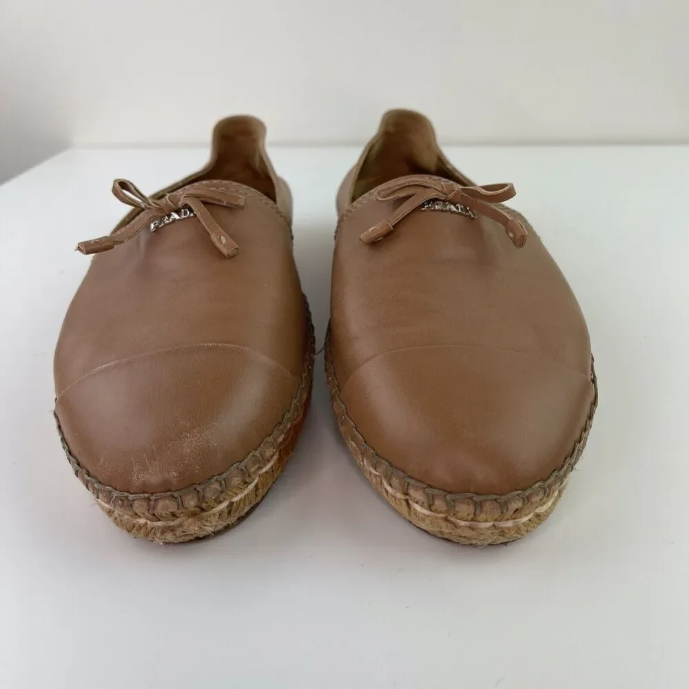 PRADA Light Brown Beige Leather Bows Trim Espadrilles Shoes Women’s 39.5 CLASSIC